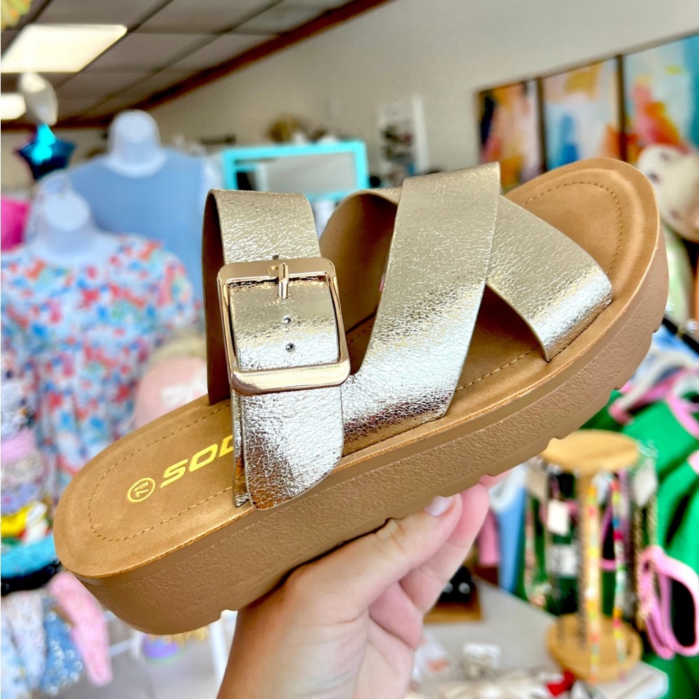 Size 5.5 NWOT Gold Sandals by Soda